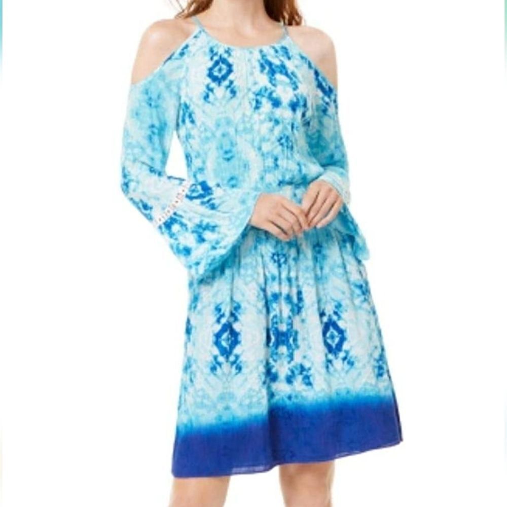 NWT Nicole Miller Blue and White Cutout LongSleeve TieDye Dress Sz Small